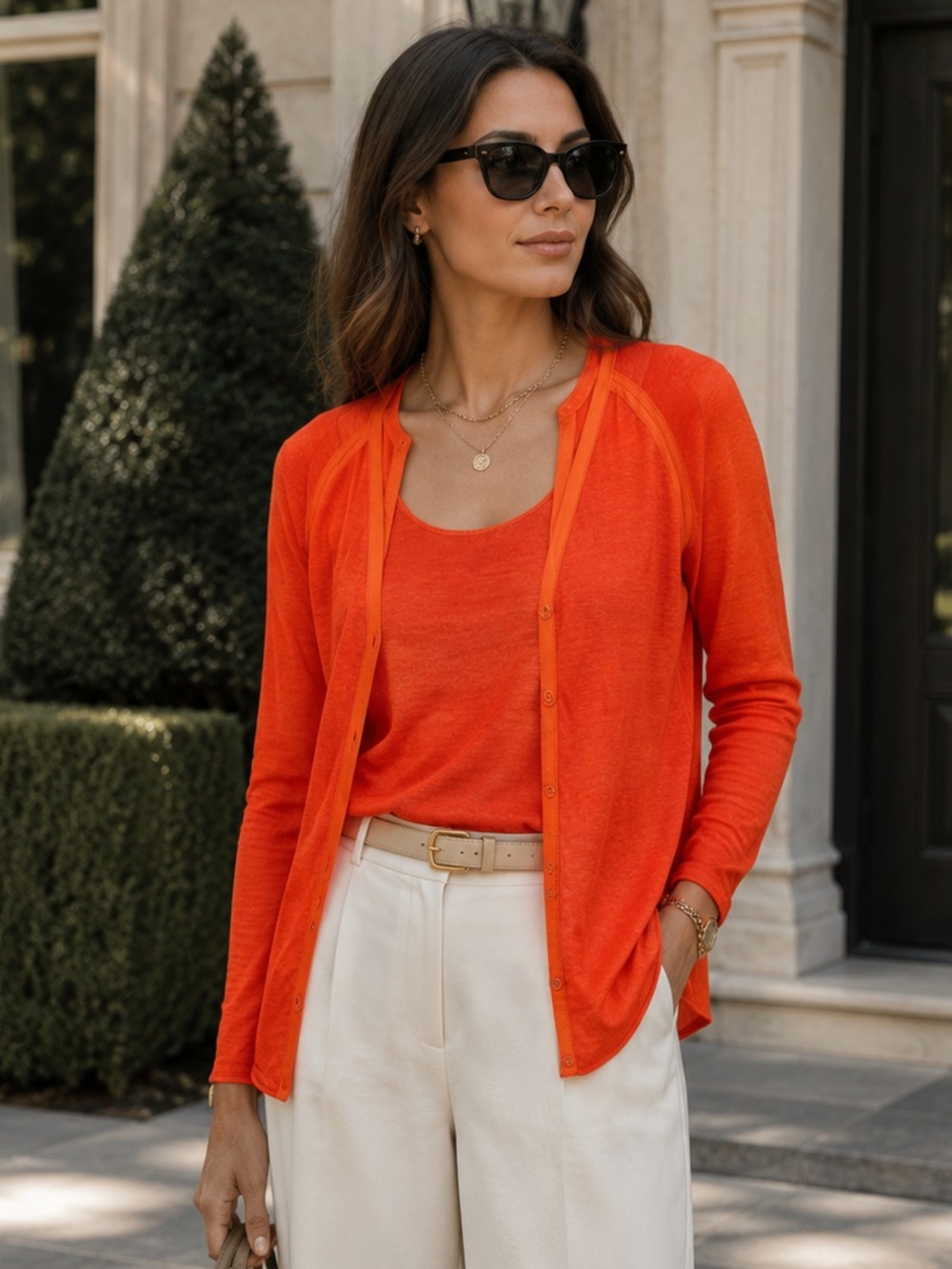 LAFAYETTE 148 NEW YORK Vibrant Luxury Linen Blend Orange Knit Set, M and XL